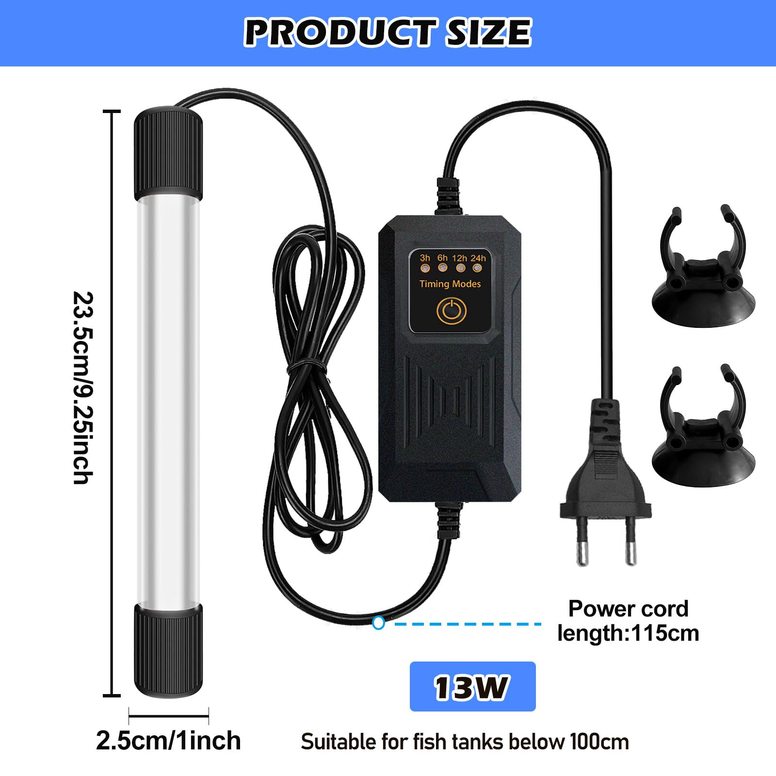 BORDEAG UV Aquarium Stérilisateur Lampe 13 W Submersible avec Minuterie Anti-Bactéries