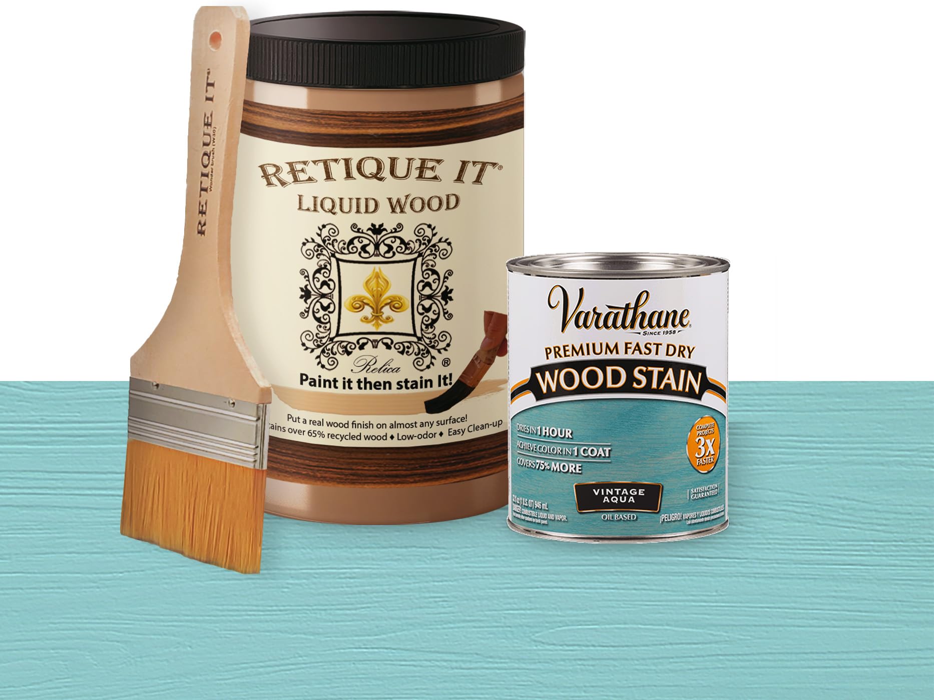 Retique It Liquid Wood - Quart Light Wood w/Vintage Aqua Stain-Stainable Wood Fiber Paint-Put a fresh coat of wood on it (32oz LW Vintage Aqua)