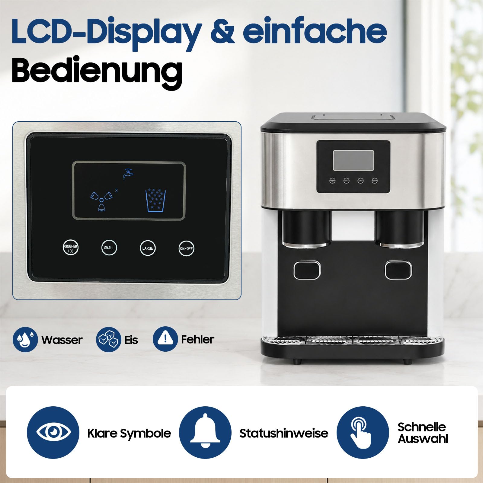 Máquina de hielo 3 en 1: máquina de hielo picada para hielo picado y cubitos de hielo, 10-15 kg de hielo al día en 8-12 minutos, 16 cubitos de hielo con control táctil LCD intuitivo, portátil y