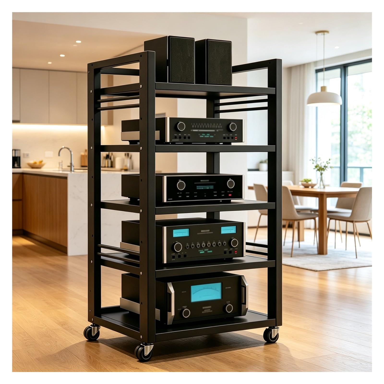 Estante estéreo para salón con ruedas y altura ajustable para disfrutar de tu música favorita
