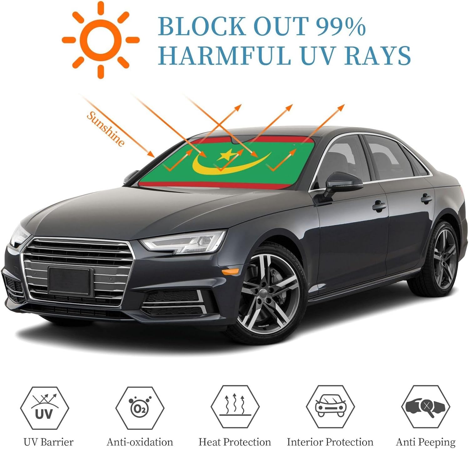 Mauritania Flag Foldable Car Windshield Sunshade Blocks Heat and Sun Glare Uv Rays