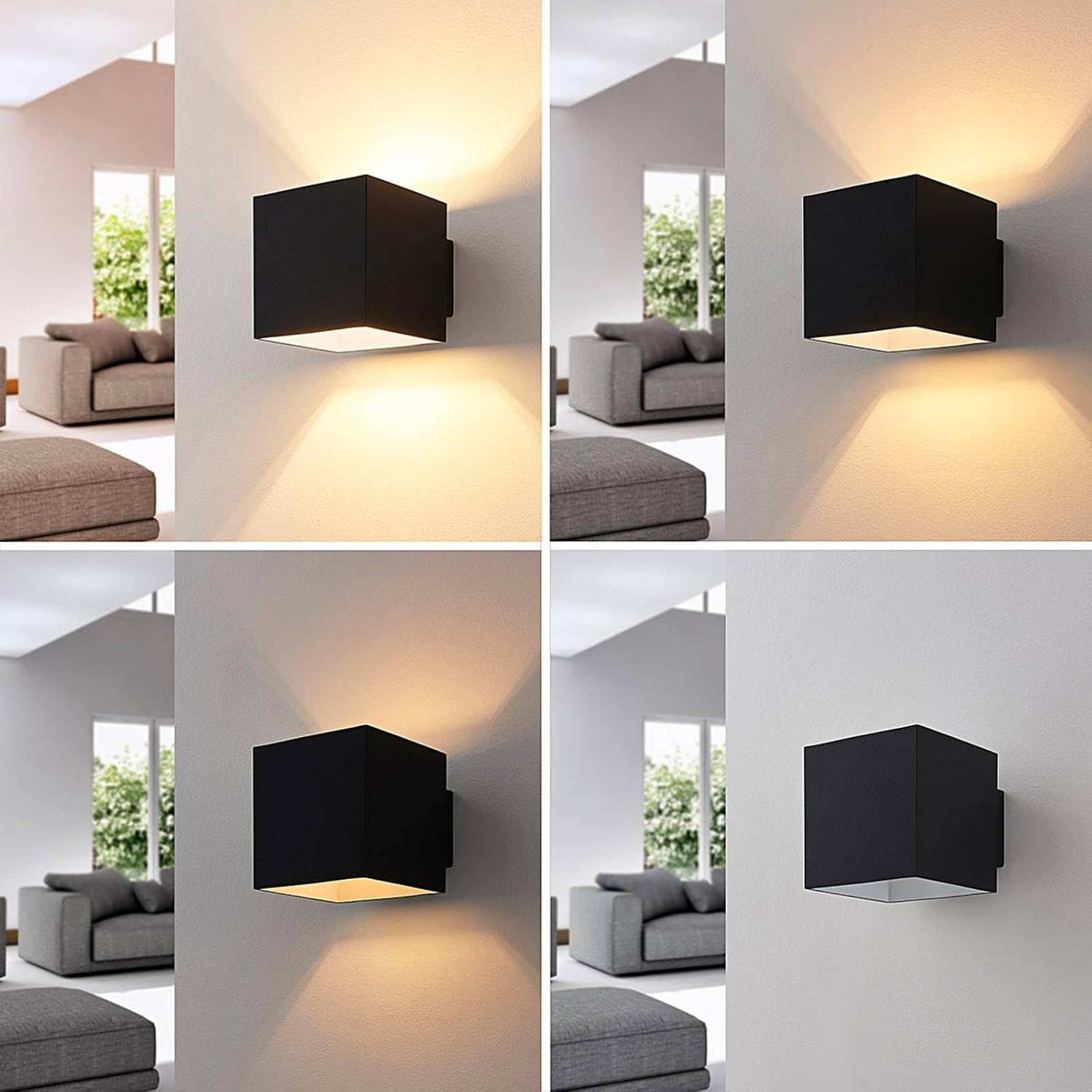 Four images showing the Arcchio Zuzana wall light at different dimming levels and color temperatures.