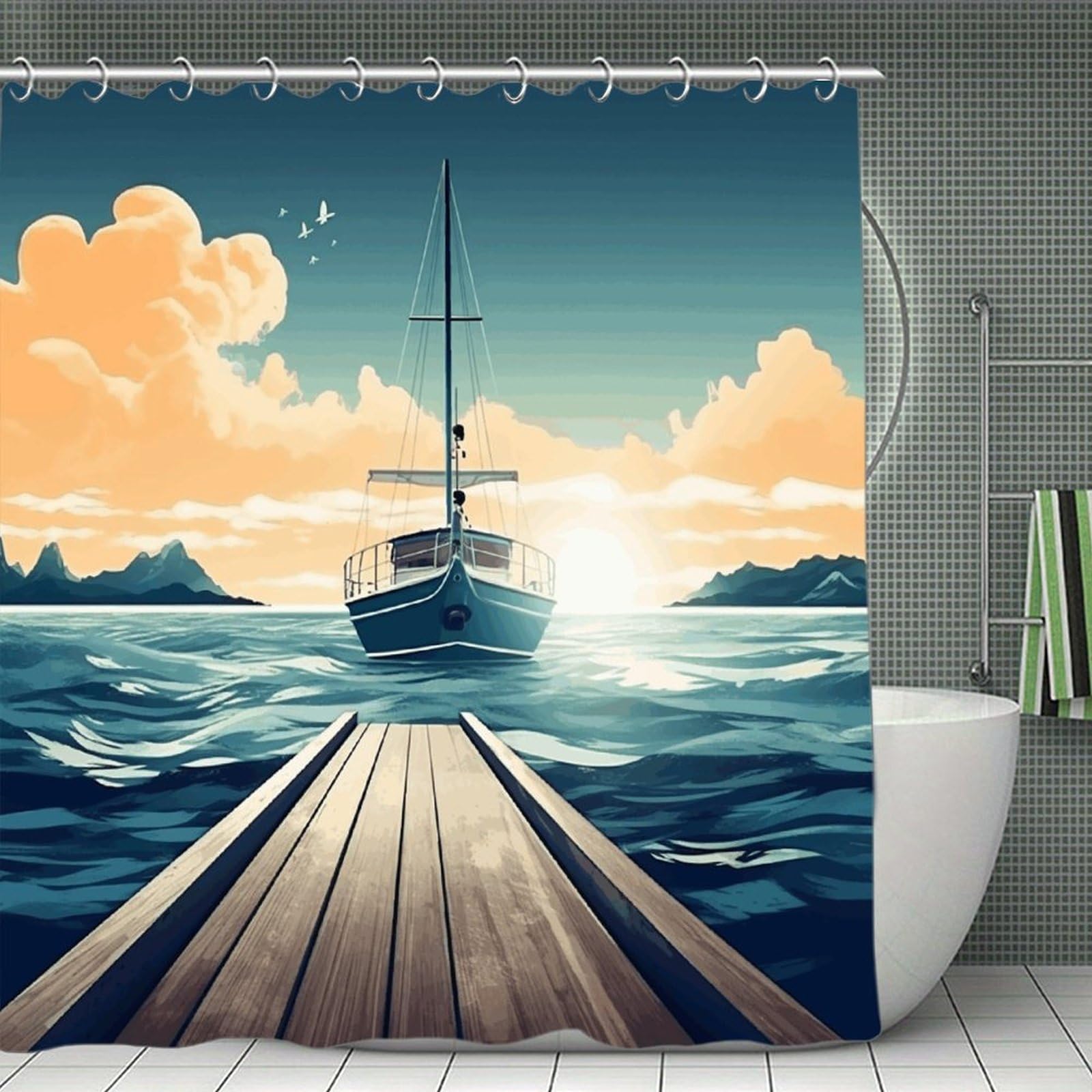 FekiLoot Boat Seascape Theme Shower Curtain with Hooks Modern Farmhouse Bathroom Curtain Waterproof Cloth Bath Curtains Cute Washable Blackout Privacy Curtains for Bathroom Bathtub 70.8"x70.8"