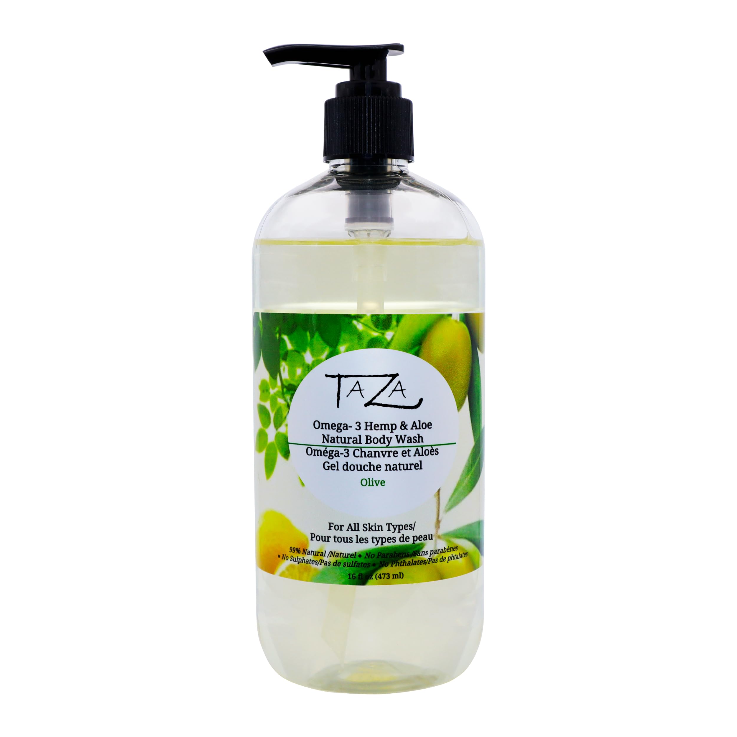Taza Premium Natural Omega-3 Hemp & Aloe Olive Body Wash, 16 fl oz (473 ml) Soft Smooth Skin Contains Omega-3 Hemp Seed Oil, Aloe Seed Juice, Chamomile Flower, White Willow Bark Extract, Glycerin
