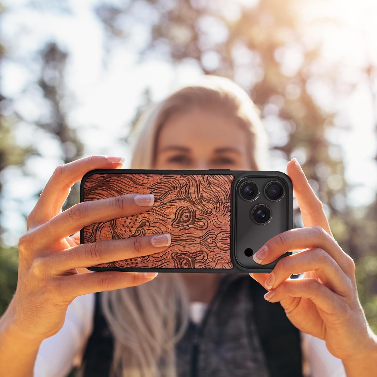 Carveit Magnetic Wooden Case for iPhone 17 Pro Max Case, Wood Artisan Engraved & Black Soft TPU Shockproof Cover, Compatible with MagSafe Wireless Chargers (Zentangle Lion) Rosy