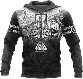 Mens Norse Mythology Sweatshirt Hoodie Odin Thors Hammer Valknut 3D Print Full Zip Pullover,Viking Celtic Jacket