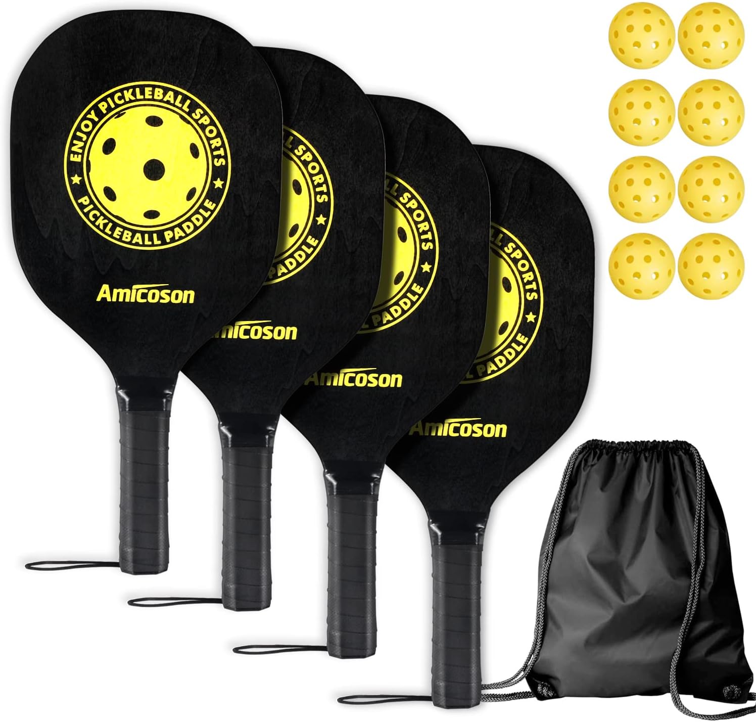 Amicoson Pickleball Paddles - Set of 4 Wooden Paddles, Indoor & Outdoor Balls, Ergonomic Grip, 8 Balls & 1 Carry Bag