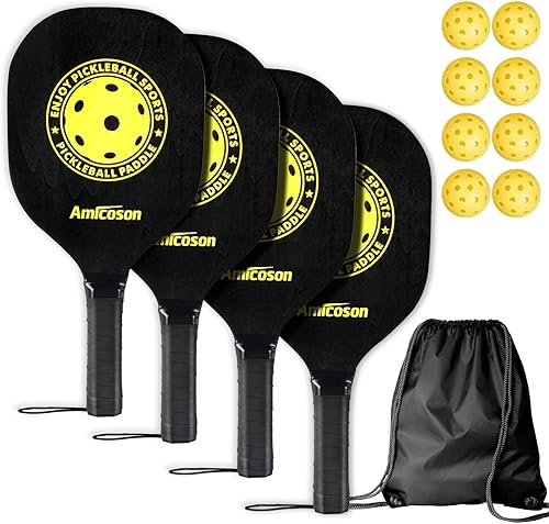 Amicoson Paletas de pickleball - Juego de 4 paletas de madera, bolas para interiores y exteriores, agarre ergonómico, 8 bolas y 1 bolsa de transporte