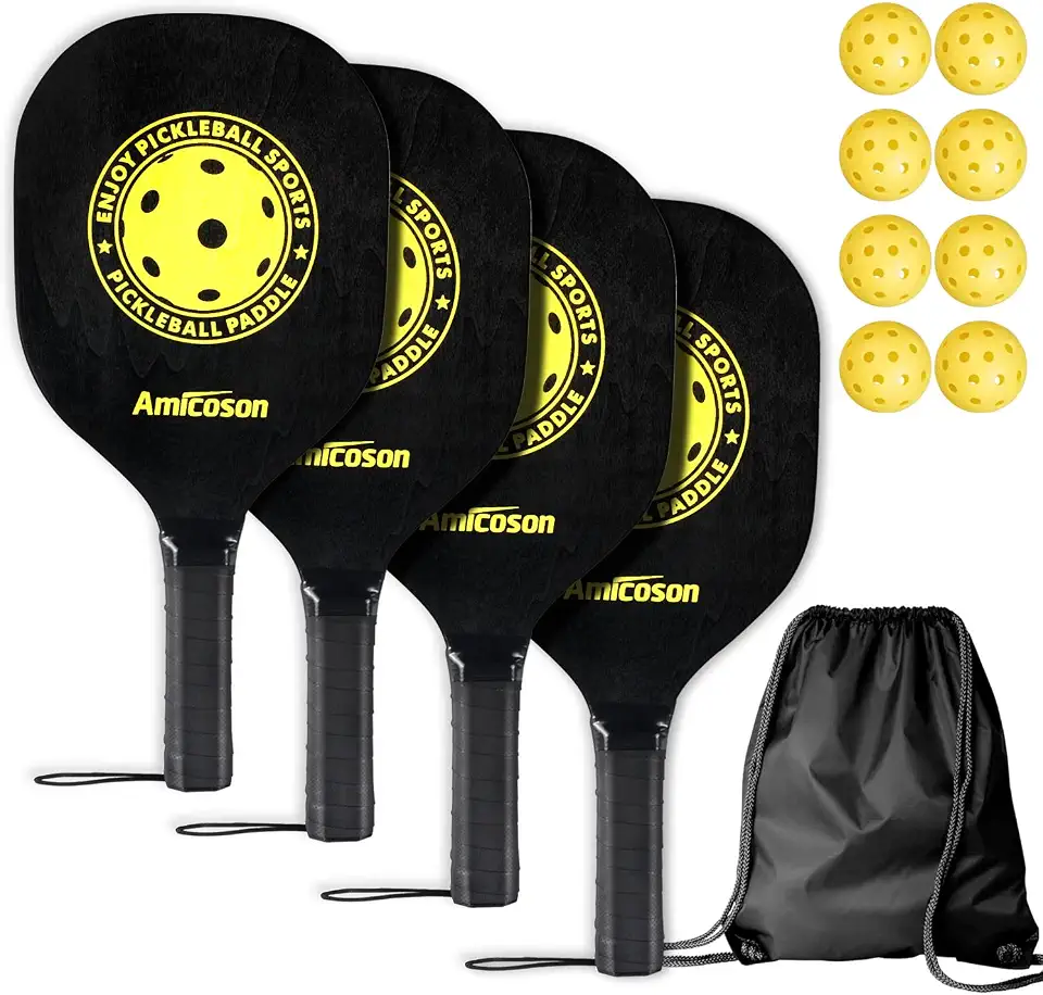 Amicoson Juego de 4 Palas de Pickleball de Madera - Con Agarre Ergonómico, 8 Bolas para Interiores y Exteriores, y 1 Bolsa