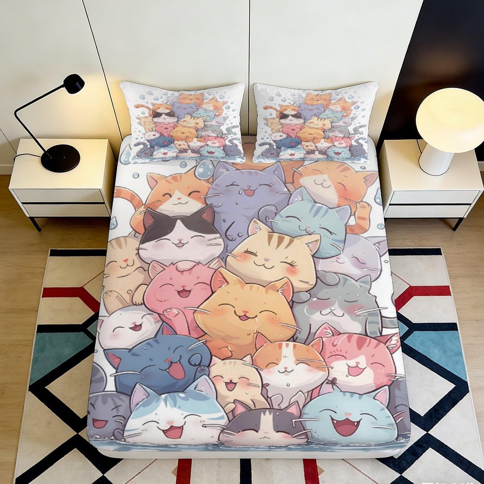 3D Printed Cartoon Cats Fitted Sheet Microfiber Deep Pocket Bedroom Bedding Cat Mattress Fitted Cover Non-Slip Elastic Hem for Adult Teen 200x200x25cm 90x200x25cm