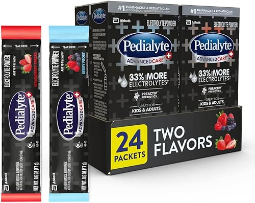 Pedialyte AdvancedCare Plus - electrolitos en polvo con 33 más de electrolitos y prebióticos preactivos heladas de bayas paquetes de polvo de bebida