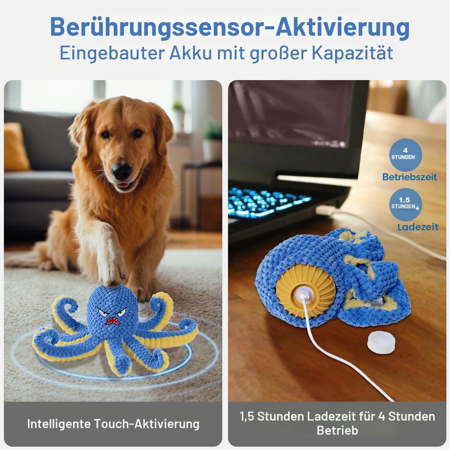 Interaktives Hundespielzeug, Oktopus, langlebiges, automatisches Spring-Hundespielzeug, um sie beschäftigt zu halten, quietschendes, bewegliches Tauziehen, Hundespielzeug, wiederaufladbar über