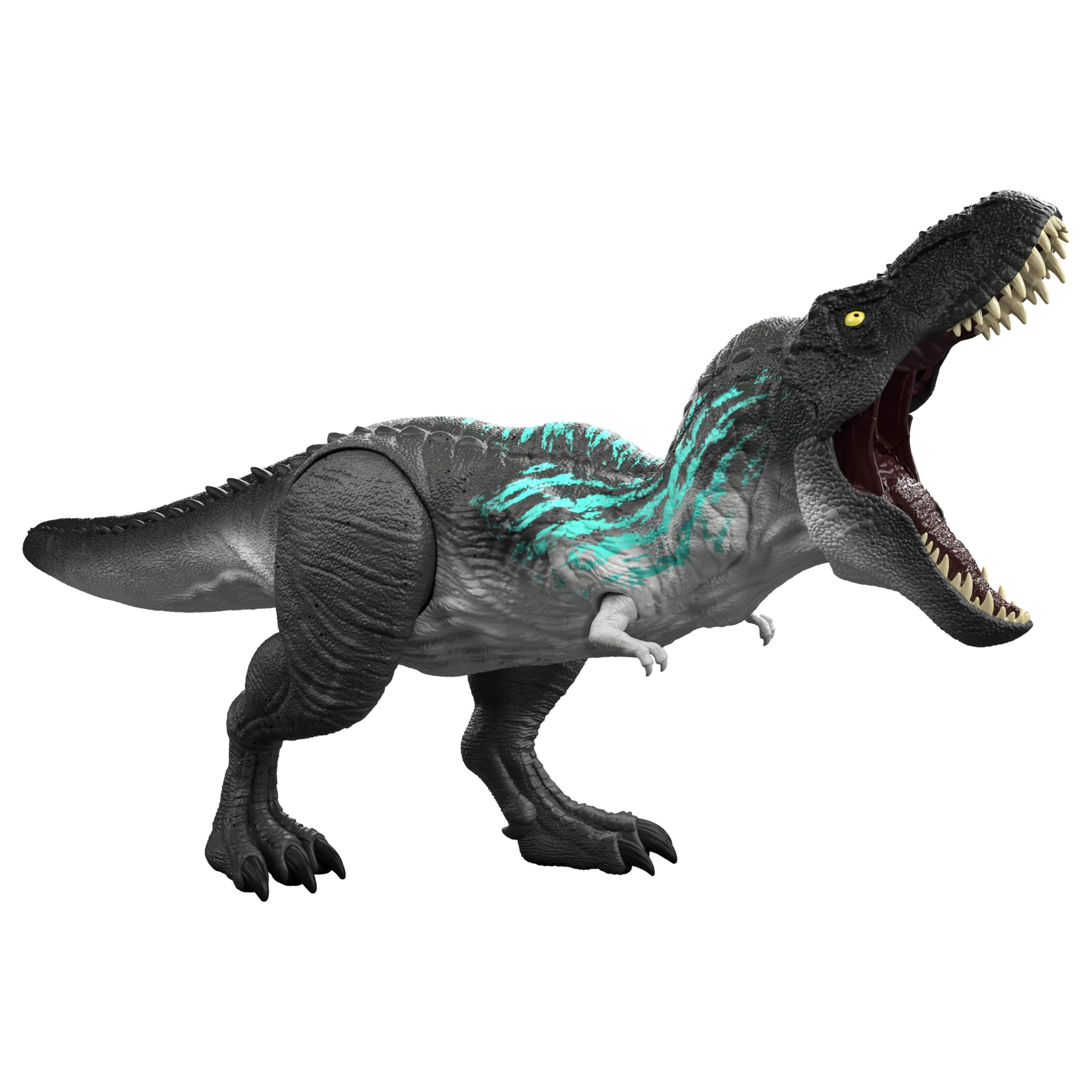Mattel Jurassic World Muscle Madness Tyrannosaurus Rex Figura de acción | T-Rex con músculos en el torso y picos en la cola, muerde y ruge, JKG92
