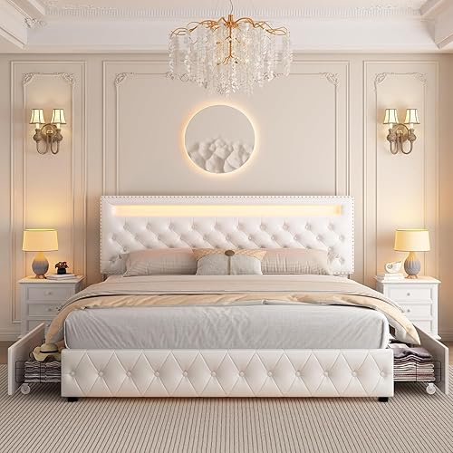 Miniatura 55 de GEGOFORU - Base de cama LED Queen con 4 cajones de almacenamiento, con control inteligente RGBW luces LED cabecera, control de color bricolaje,