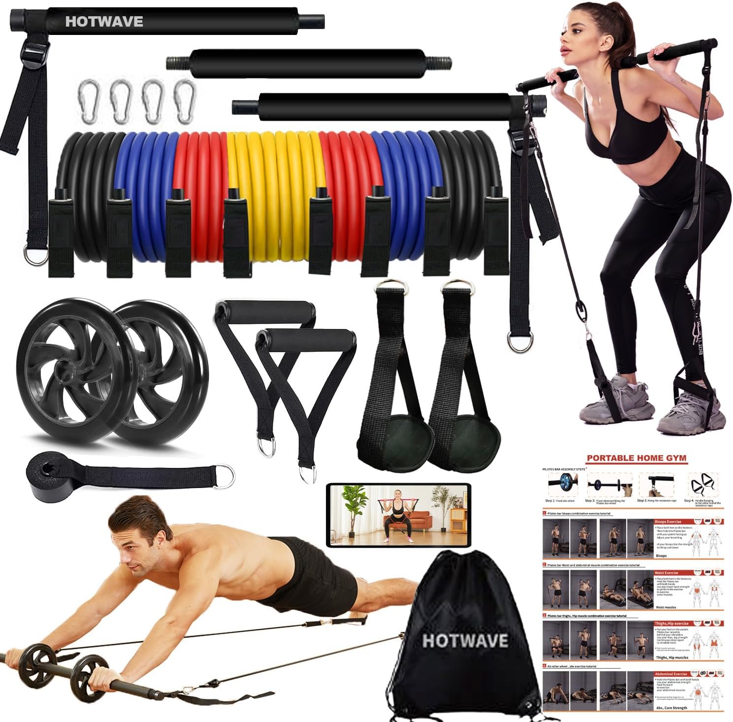 Pilates Bar Kit with Resistance Bands,Ab Roller for Abs Workout, Squat Machine,Core Strength Training Equipment,Portable Home Gym for Men and Women