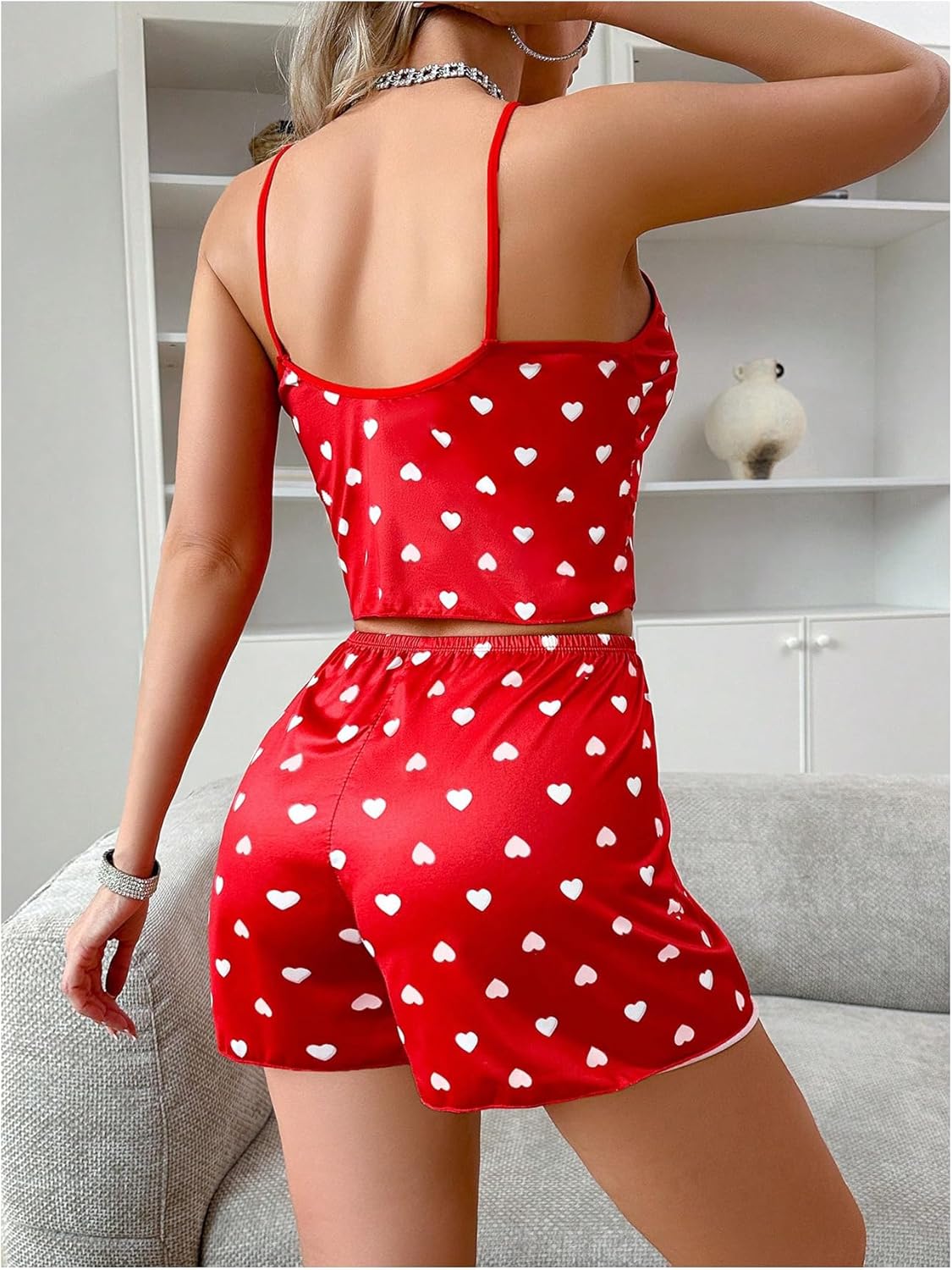 Women's Cute Heart Pajamas 2 Piece Deep V Neck Crop Cami Top and Mini Shorts Lounge Set Sleepwear - Image 2