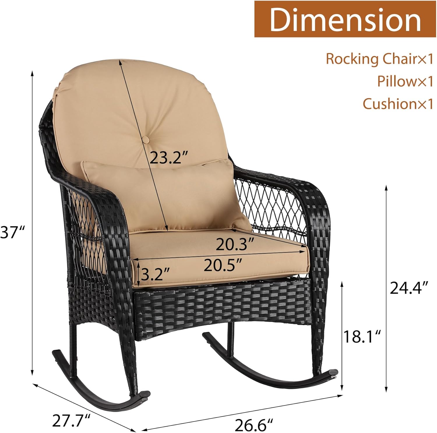 Outdoor Wicker Rocking Chair, All Weather PE Rattan Rocker with Cushion & Pillow, Outdoor Rocking Furniture for Garden, Porch, Backyard, Poolside (Black Rattan+Khaki Cushion)