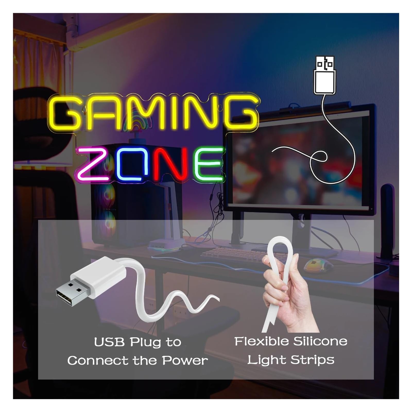 Décor Mural Lumière Enseigne Au Néon Gaming Zone Lettre LED, Décoration Murale USB Pour Salle De Jeux, Fête, Chambre À Coucher, Bar, Lampe Éclairée 40cm×17cm(UNE)