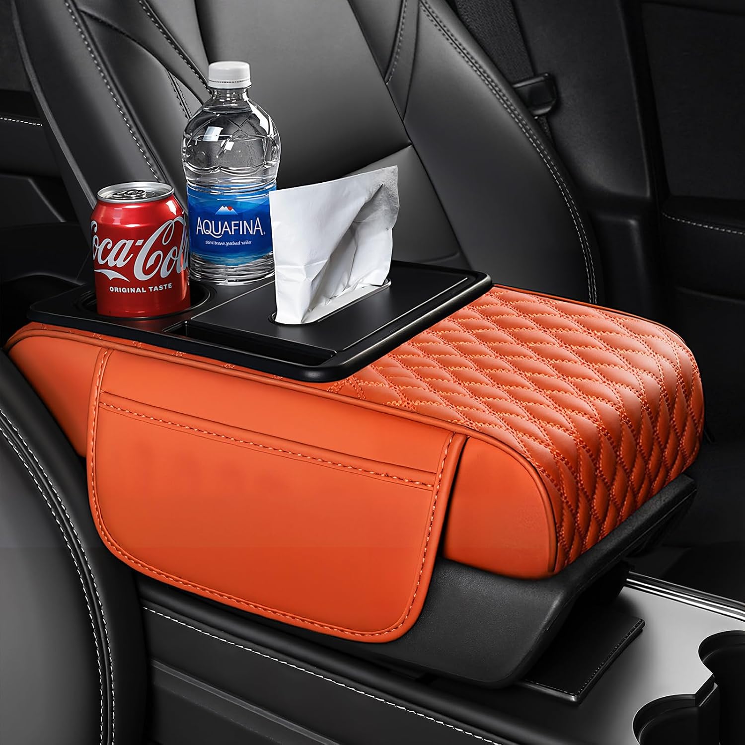 5 in 1 Car Center Console Cover,Car Armrest Cushion Multifunctional with Tissue Box, Cup Holder, 2 Storage Bag, Phone Slot,Universal Car Interior Organizer (Black with Red Stitching)