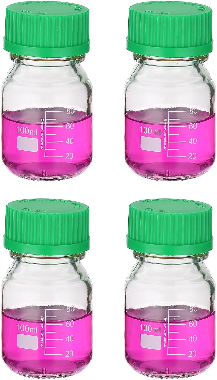 PATIKIL 4 Pack Reagent Media Storage Bottles, 100ml Borosilicate Glass Graduated Round Bottles with GL32 Green Screw Cap for Lab Water Reagent Liquids, Clear