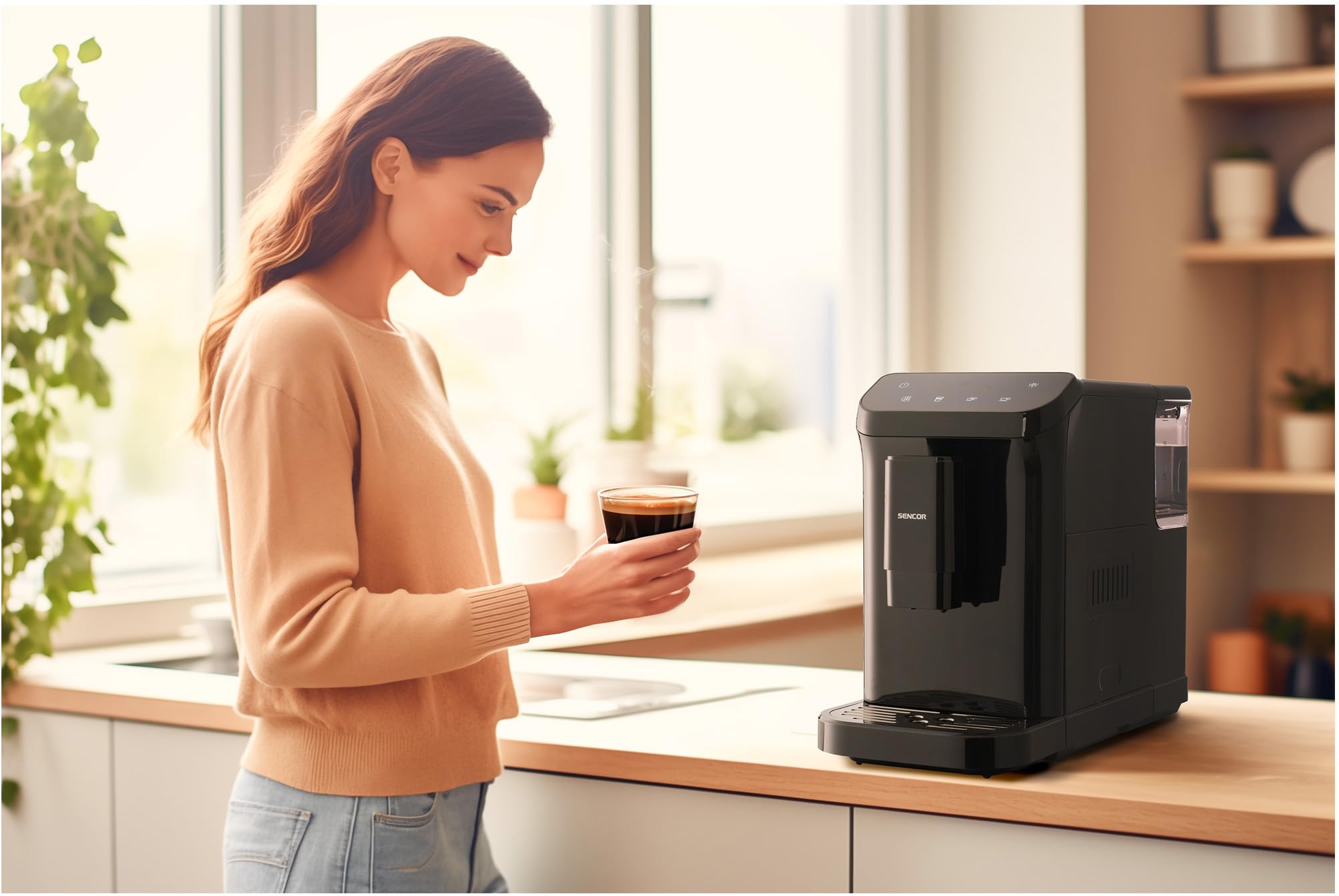 User pressing a button on the SENCOR SES 6000BK to make coffee