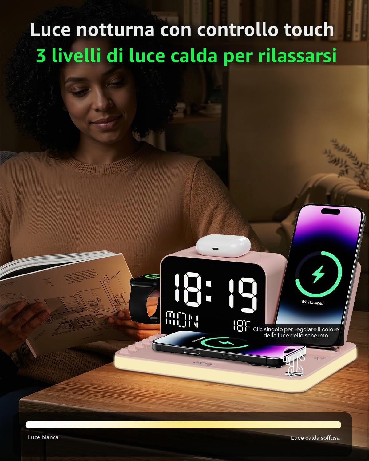 Acer Stazione di ricarica wireless 7 in 1 con orologio a LED, caricabatterie wireless veloce da 30 W per iPhone 16/15/14/13/12/Pro Max, Apple Watch, AirPods, sincronizzazione automatica dell'ora e