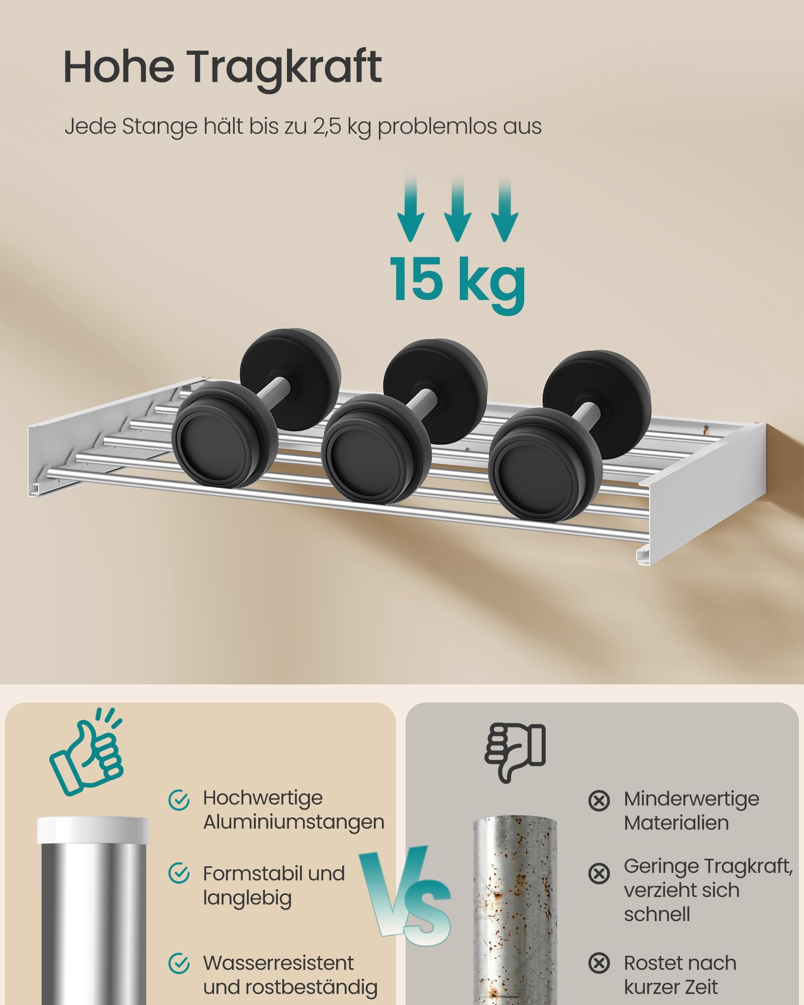 SONGMICS Wäscheständer Wandmontage, Wäschetrockner klappbar 6 Stangen, Wandwäschetrockner ausziehbar, Wandtrockner platzsparend, Bohrschablone, für innen, außen, 100 cm, mattweiß LLR810WE01