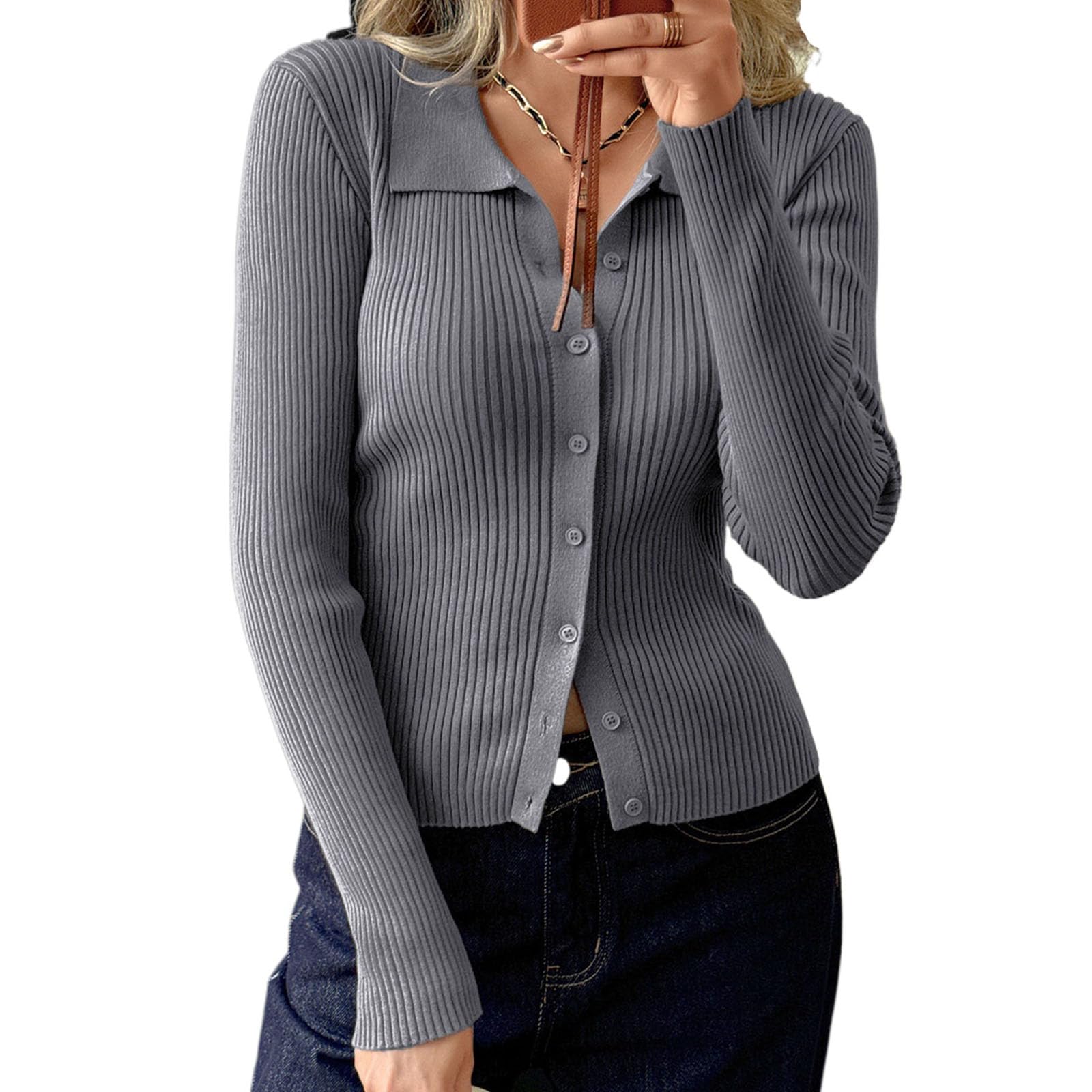 Maglioni da Donna Slim Fit Cardigan, Maniche Lunghe Crewneck Pulsante Giù Cardigan, Maglia a Costole Top