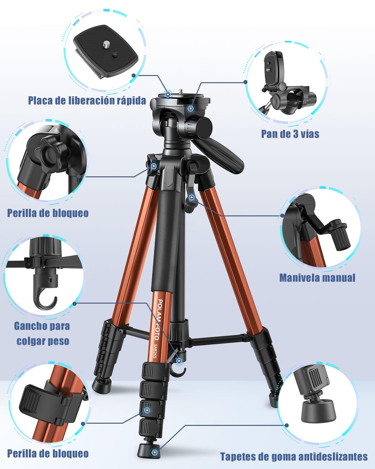 POLAM-FOTO Trípode para cámara de 188 cm, Soporte de trípode Resistente de Aluminio Porfessional, trípode Compacto con Bolsa de Transporte, con Soporte para teléfono （Naranja）