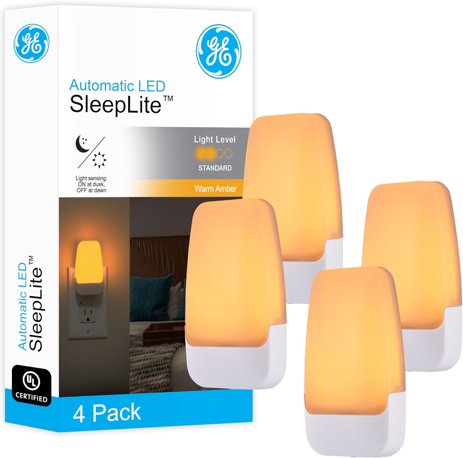 GE Sleeplite Night Lights Plug Into Wall, Dusk to Dawn Sensor, Ambient Lighting, Sleep Aid, Bathroom Décor, LED Lights for Bedroom, Apartment Essentials, Smart Home,86153, Amber, 4 Pack