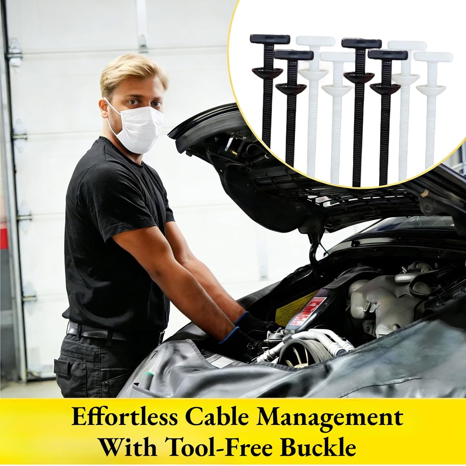 100PCS Nylon Universal Cable Tie Buckles, Heavy Duty Zip Ties with Pin and Button Design for Auto Repair, Automotive Tools, 50 Black and 50 White, Fasteners for Engine Guard Fender Liner Trunk