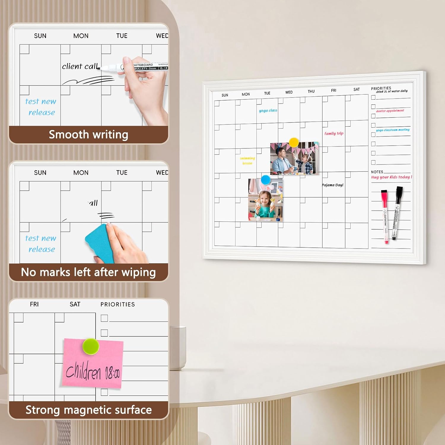 DOLLAR BOSS Magnetic White Board Calendar 24''x 18'', Monthly Dry Erase Planner for Wall with White Wood Style Frame for Office, School, Dorm, Home Decor