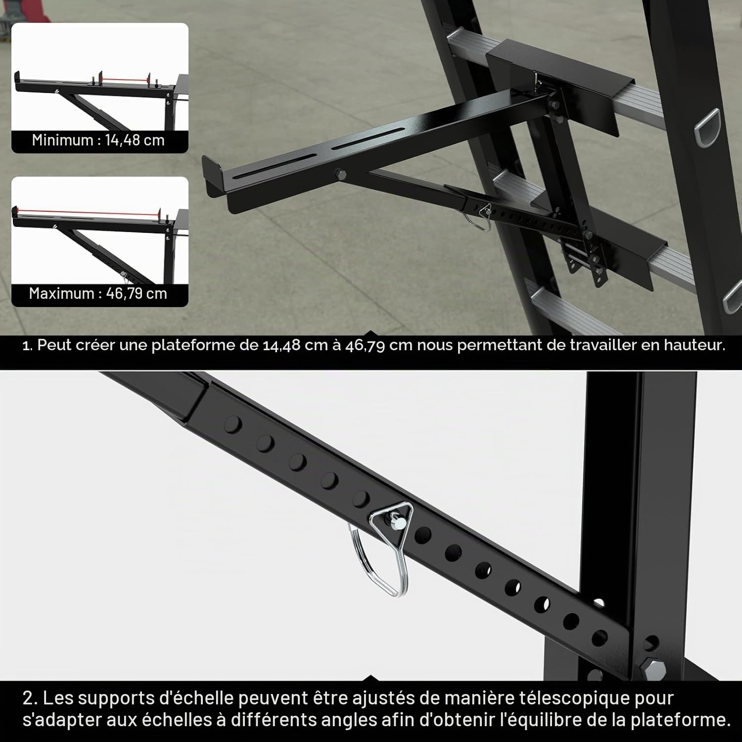 2 pcs supports d’échafaudage, Stabilisateur cric d’échelle à deux échelons pour l’extension du corps court pour l’étape de travail, la charge maximale est de 250 kg (Black)