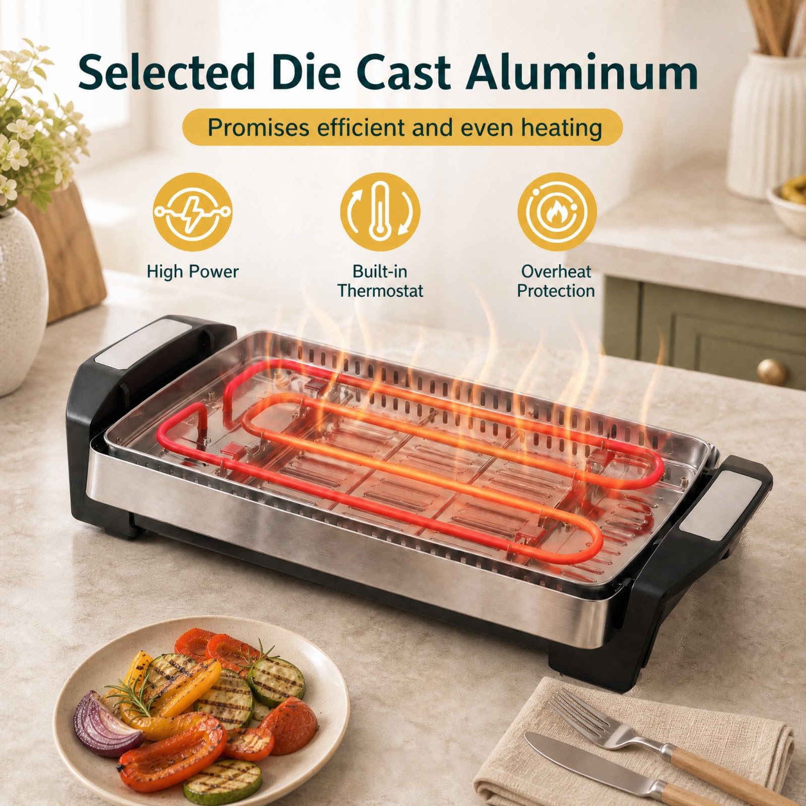 LIFEZEAL Griglia Elettrica 1500W, Barbecue da Tavolo con Piastra Bifacciale | Plancha Antiaderente per Interno e Esterno, Temperatura Regolabile a 4 Livelli, Grill Rimovibile e Lavabile in Lavastoviglie