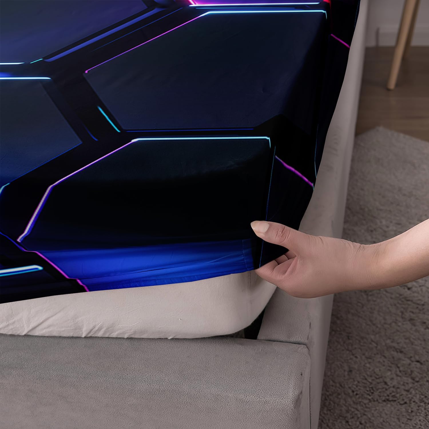 HOSIMA 3D Honeycomb Twin Size Bedding Set,Geometric Hexagon Pattern Fitted Sheet for Kids Teen Boy Room Decor,Lightweight Colorful Neon Lights Twin Bedding,1 Fitted Sheet+2 Pillowcases.