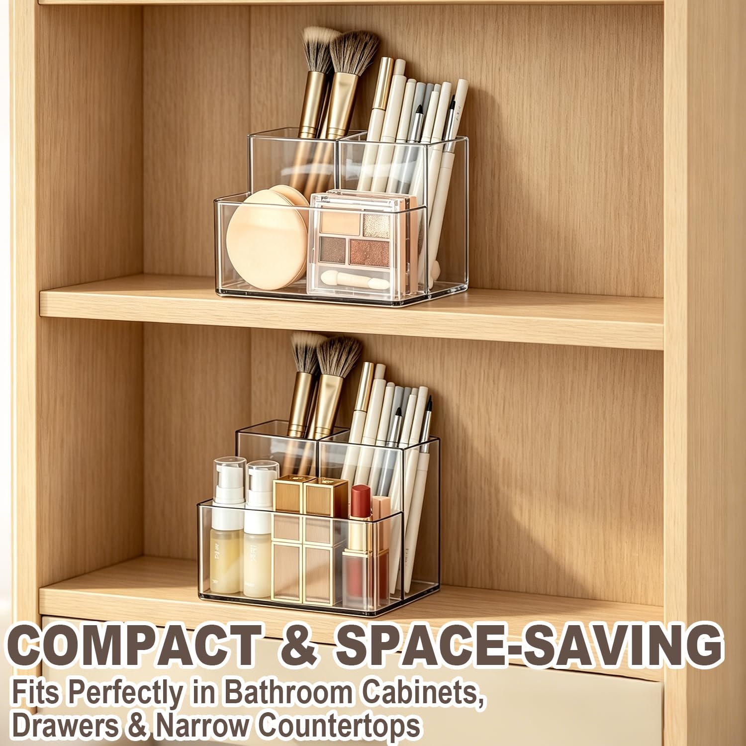 mioluo Clear PET Makeup Organizer, Lipstick Brush Holder for Bathroom Cabinet- Transparent Medicine Cabinet Organizer Multi Compartment Storage Box Holder for Countertop, Home Office Classroom