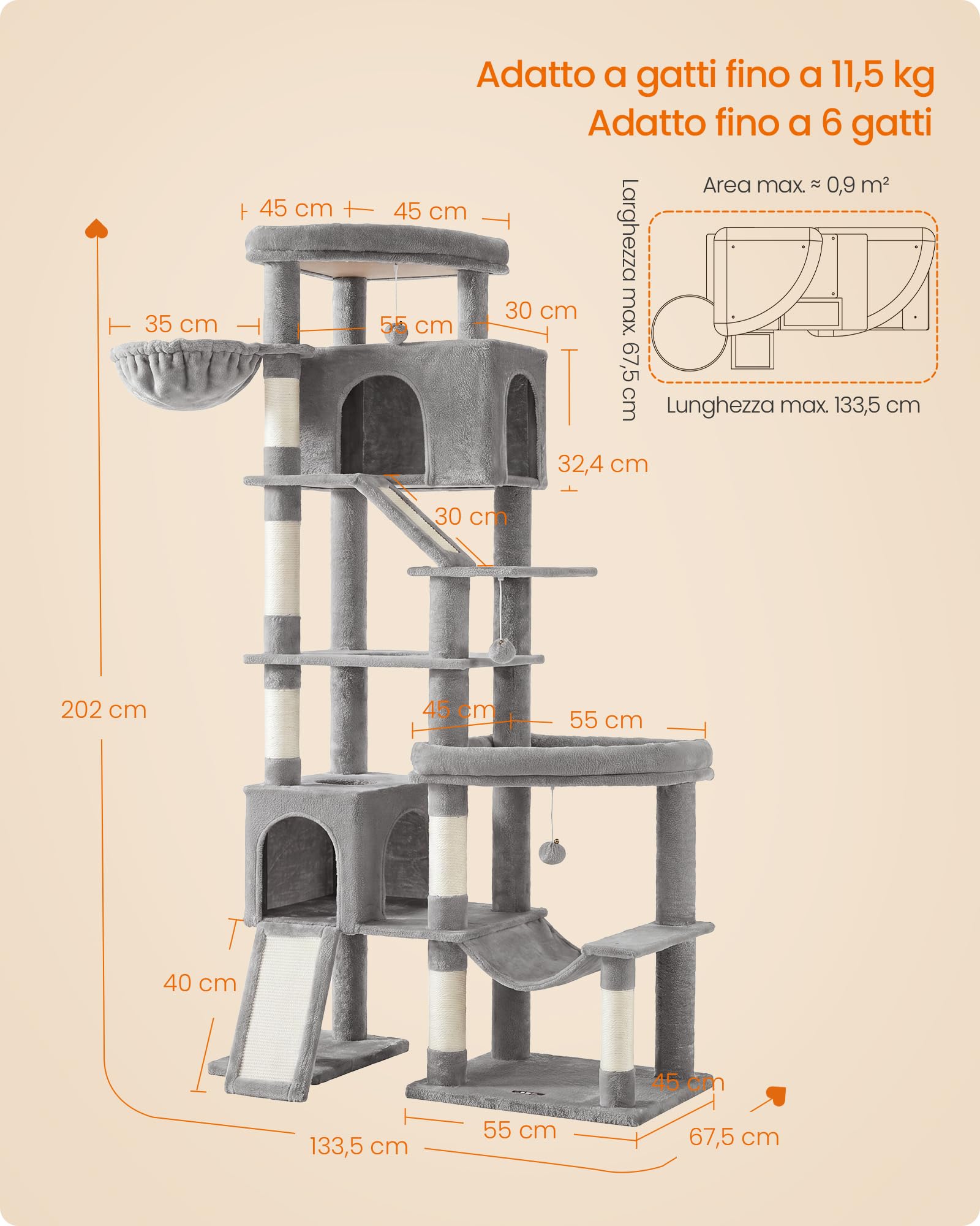 Feandrea Albero per Gatti XXL, Torre Tiragraffi in Sisal con Doppia Base, 6 Aree di Riposo, 133,5 x 67,5 x 202 cm, Grigio Tortora, per Gatti Grandi, Collezione Clawfy PCT020G101