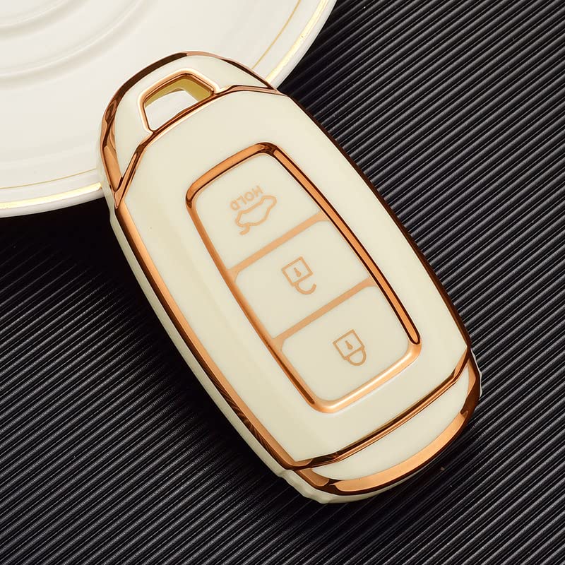 Image of JVCV Gold Border TPU Key Cover Compatible with Hyundai Verna Push Button Start Car Key - Glossy Protective Smart Key Case (White)