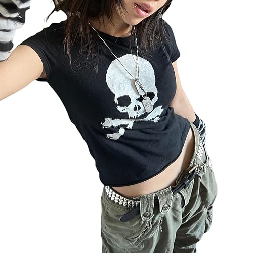 Women Y2K Grunge Short Sleeve T-Shirt Crew Neck Graphic Baby Tee Slim Casual Going Out Top Halloween Gothic Shirt - G Black Skull Shirt - Medium