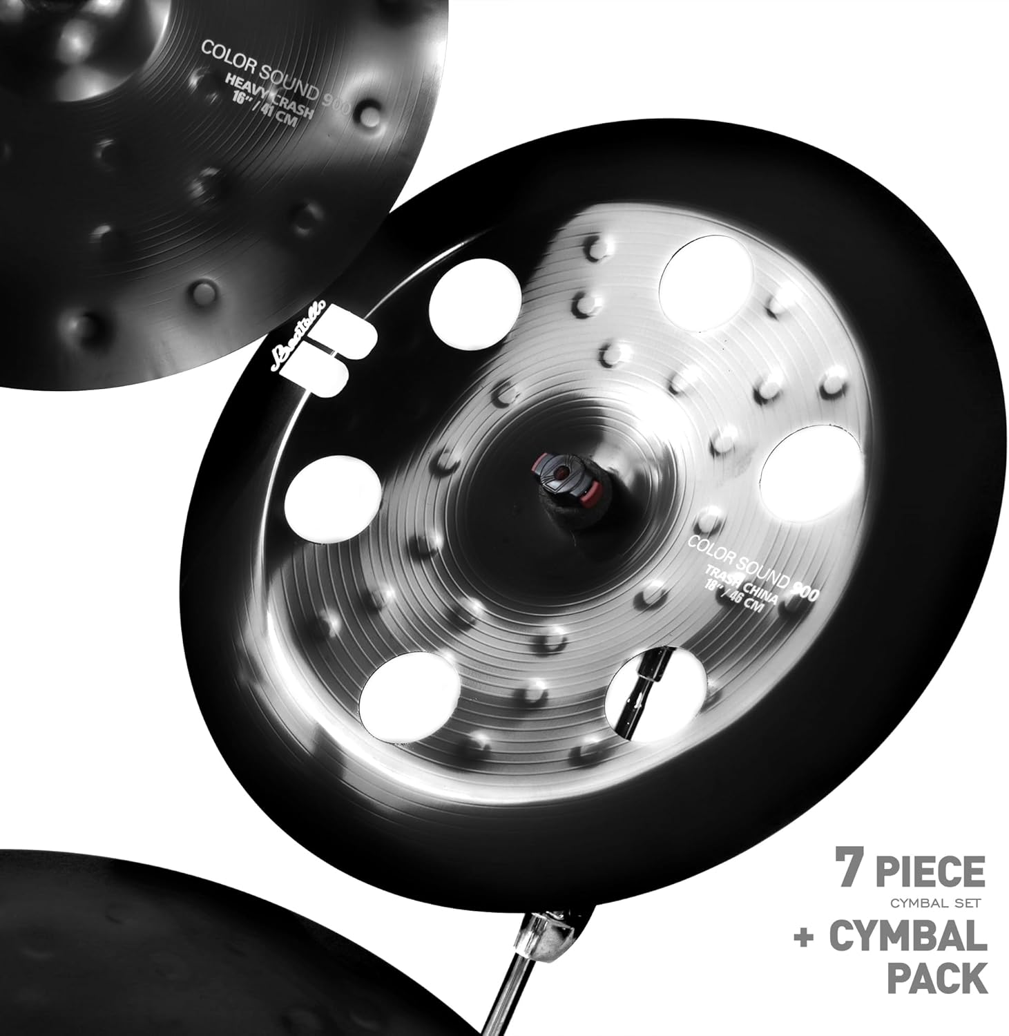 7-Piece Black Cymbal Set with Gig Bag - Professional Alloy Drum Cymbals Pack: 20" Ride, 18" Holed Crash, 18" Holed China, 16" Crash, 14" Hi-Hats, 8" Splash for Professional Drummers