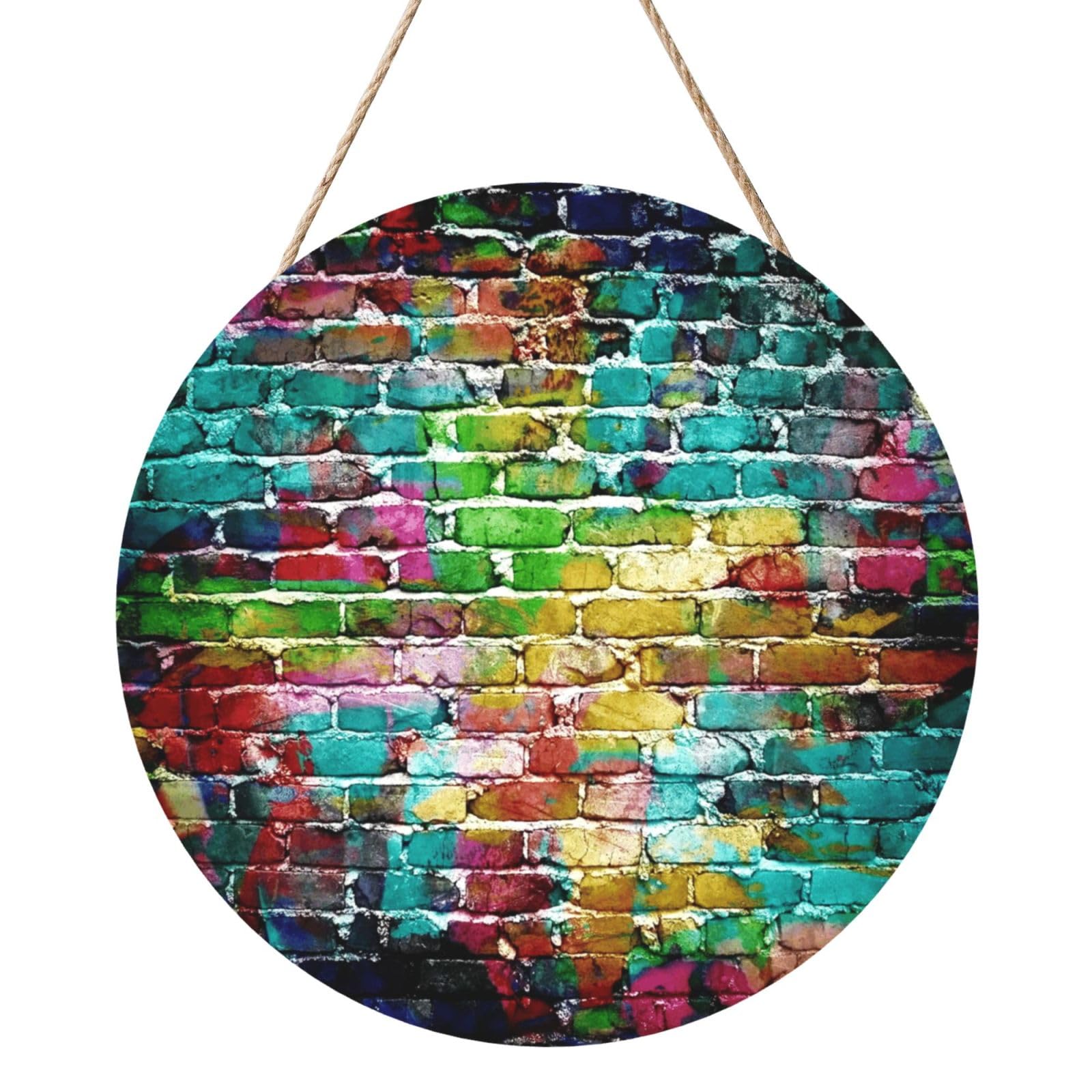 InOmak Colorful Brick Wall, Round Wood Panel Painting 12 in, Wall Hanging Painting For Home