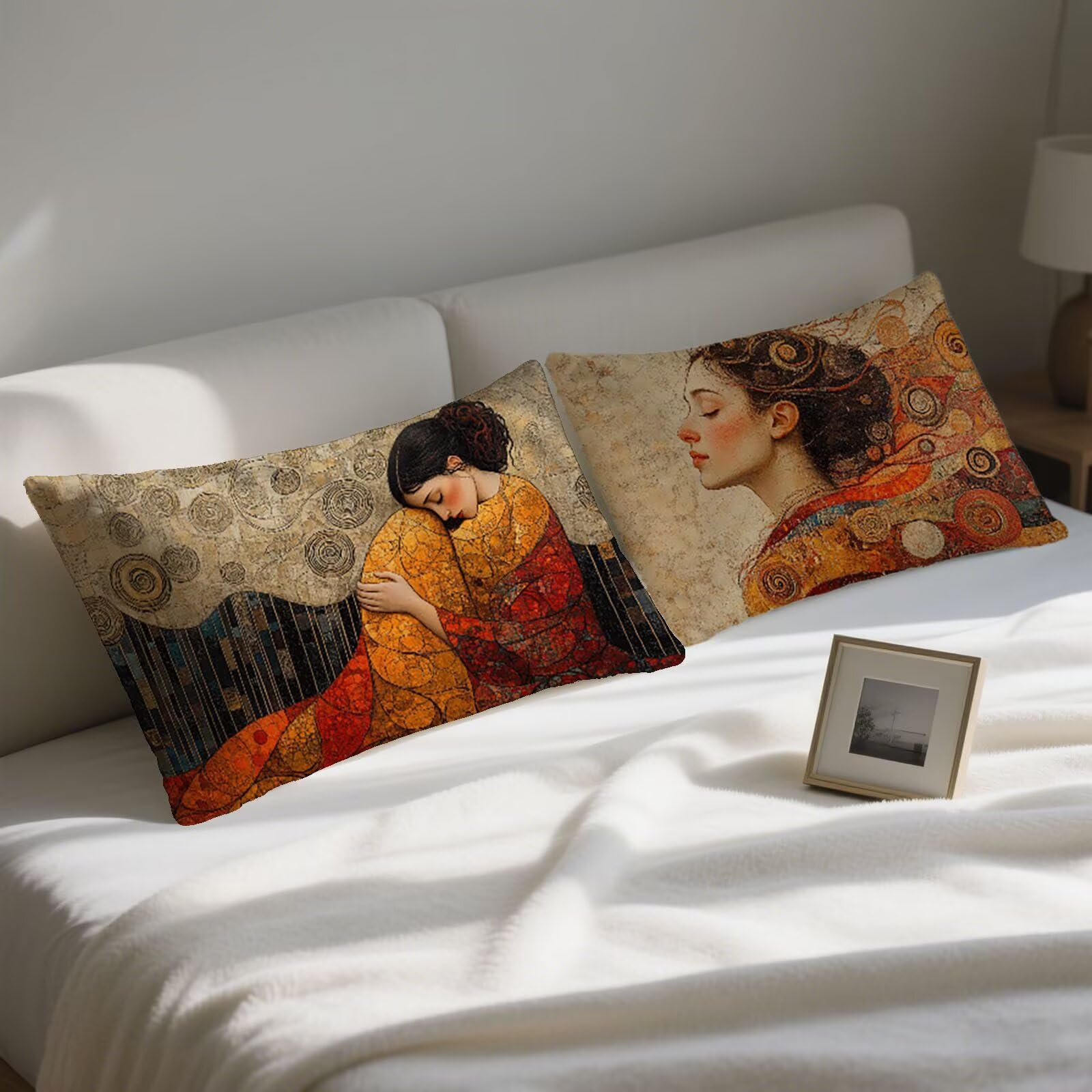 Federe Cuscini Divano 40 x 80, Klimt Cuscini da Esterno Impermeabili Rettangolari, 2 Pezzi Lino Copricuscini con Cerniera Invisibile, per Soggiorno Camera da Letto, Regalo per Donna, Donna E-5395
