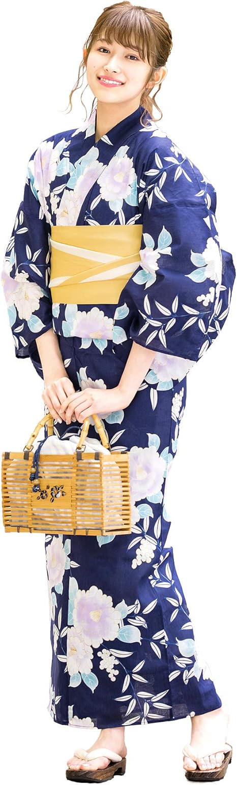 Amazon ソウビエン 浴衣 セット レディース 紺 ネイビー 椿 ツバキ つばき 葉 ラメ 女性 夏 ボヌールセゾン 半幅帯 黄色 浴衣 通販