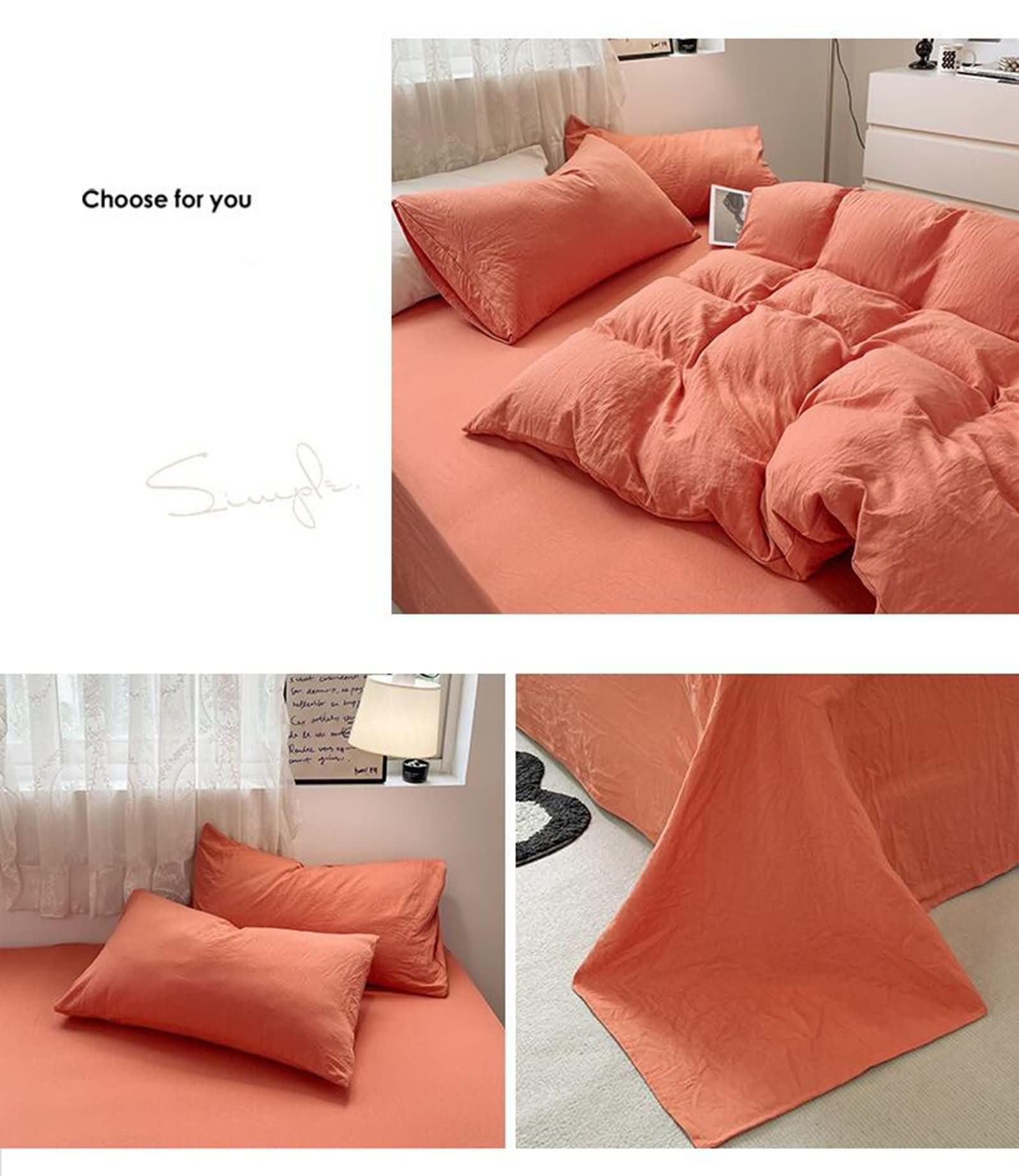 Pełnowymiarowy zestaw pościeli z gumką, zestaw pościeli z poliestru, jednolity kolor, prześcieradło z gumką, poszwa na kołdrę (200 cm x 231 cm) i poszewki na poduszki, pomarańczowy