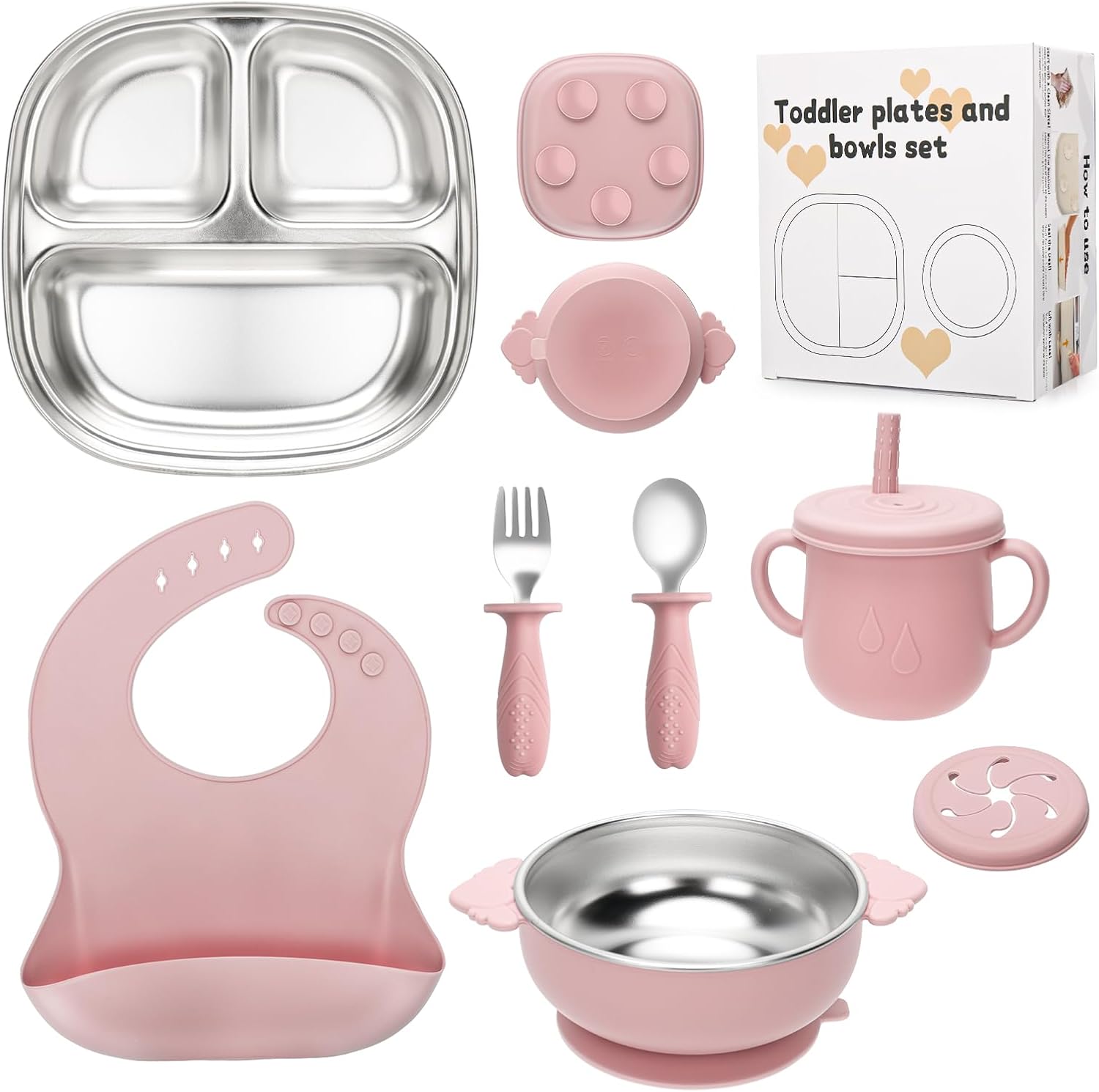 CLDY Baby 7 Pcs Stainless Steel Weaning Set – Silicone Feeding Set – Sectioned Plate – Suction Bowls – Straw Cups & Lids – Spoons – Bib – Non-Slip – BPA-Free – for Toddlers & Baby Gift (Pink)