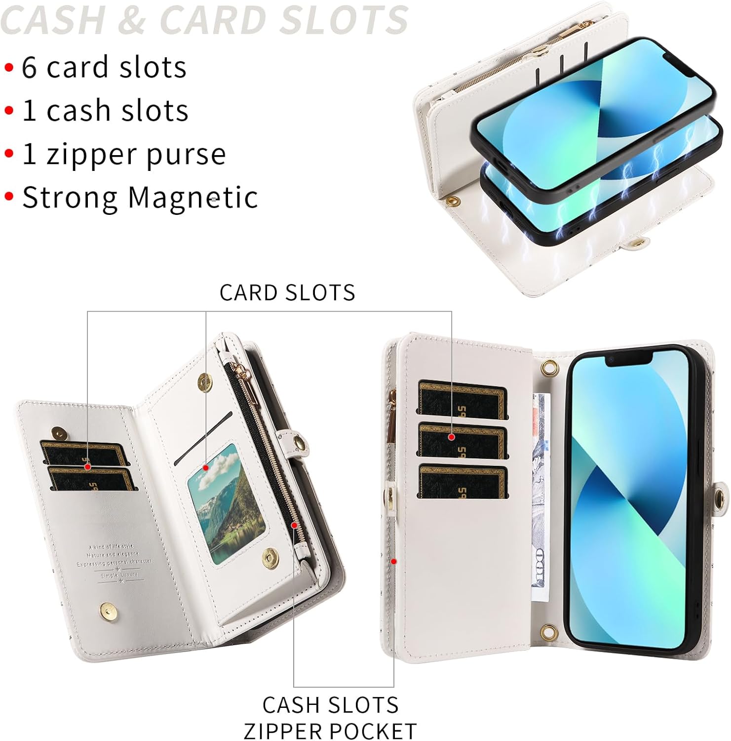Asuwish Phone Case for iPhone 13 Mini 5.4 inch Zipper Wallet Cell Cover with Screen Protector Lanyard Strap Glitter Flip Card Holder Slot iPhone13mini i-Phone 13minicase i iPhone13 13mini Women White