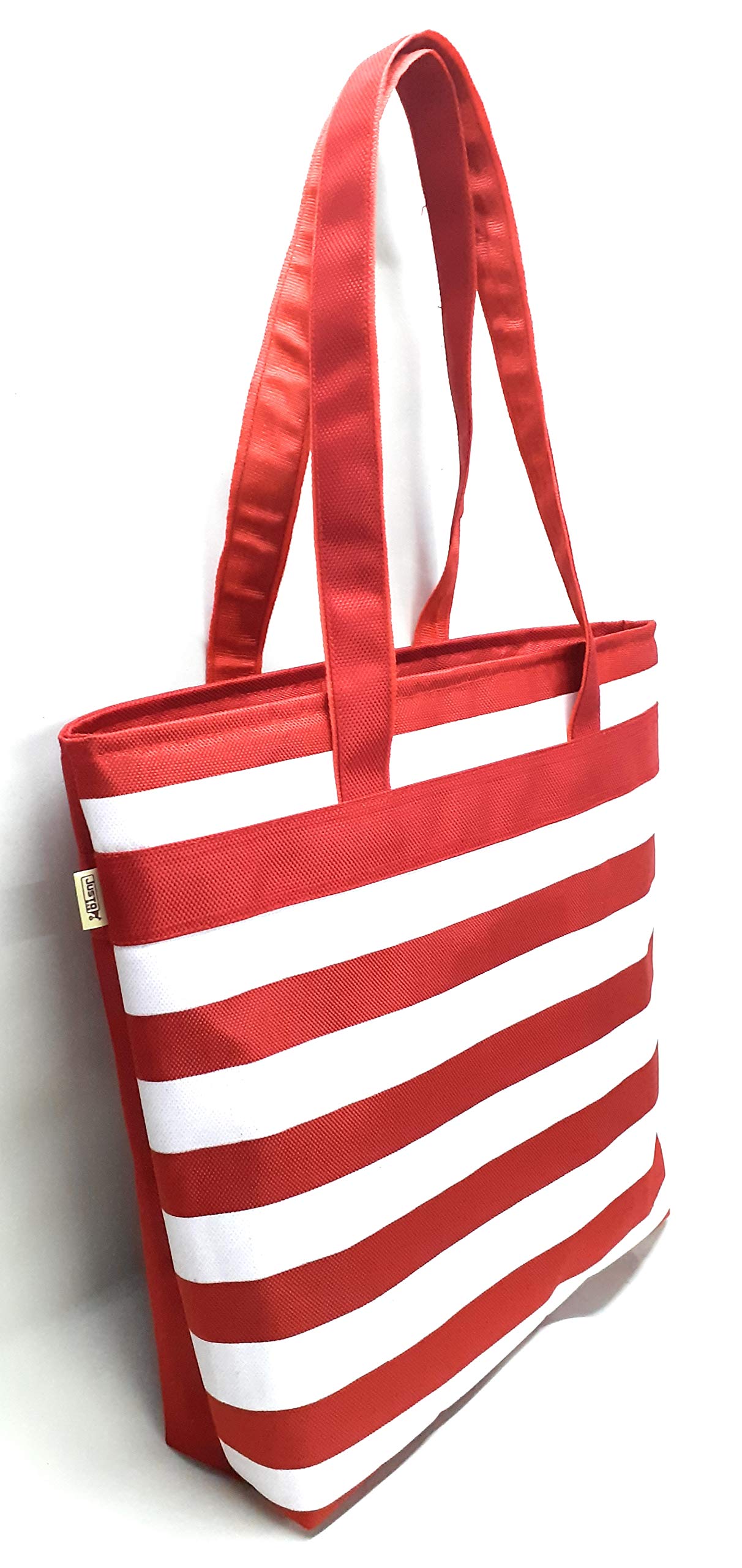 JustoBag Girl's Nylon Fabric Stripes Large Capacity Tote Shoulder Bag (White Red) 1