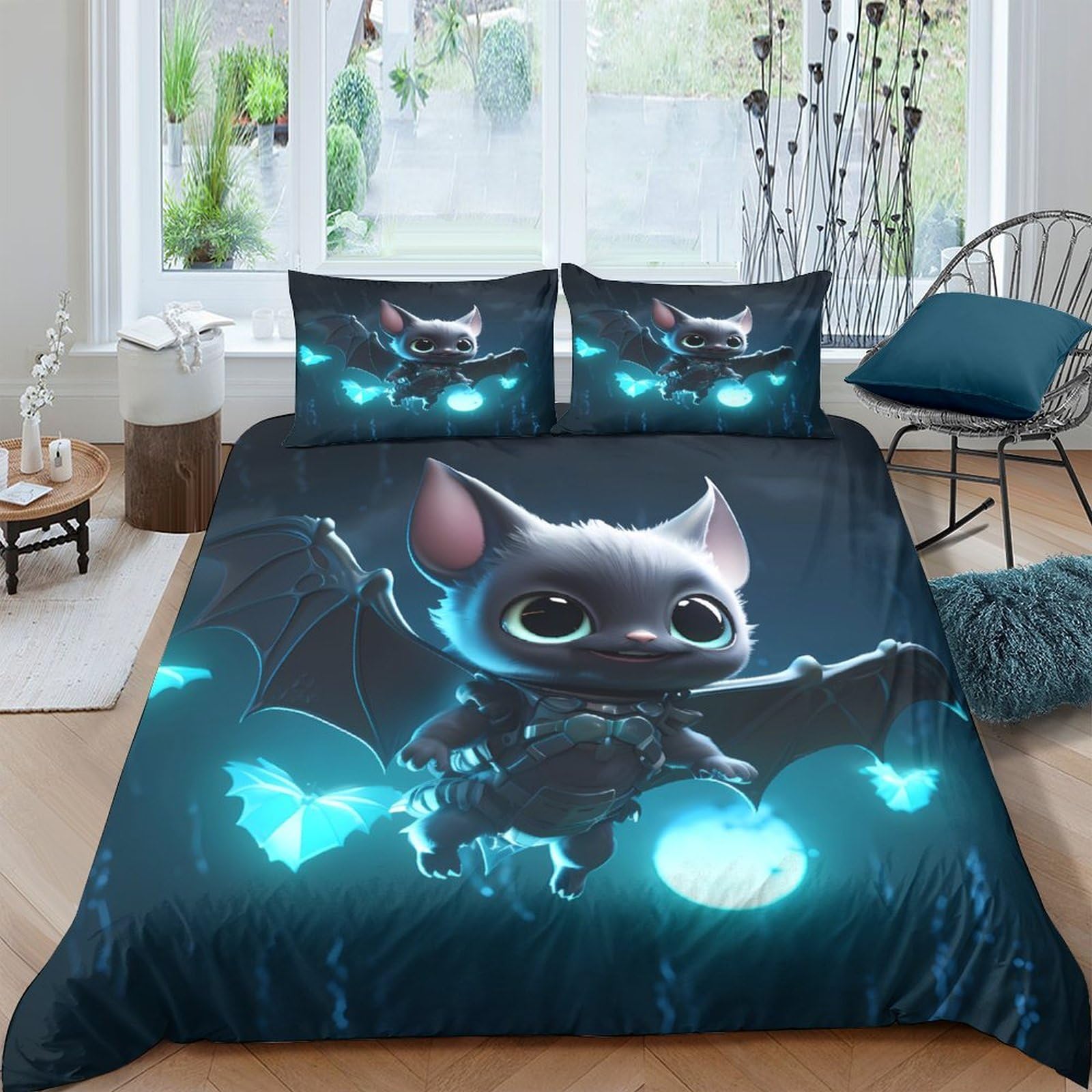 GPLZQXKJNH 3D Printed Cute Bat Duvet Cover Microfiber Soft Breathable Night Fantasy Quilt Cover Set with 2 Pillowcases for Bedroom Single（135x200cm）