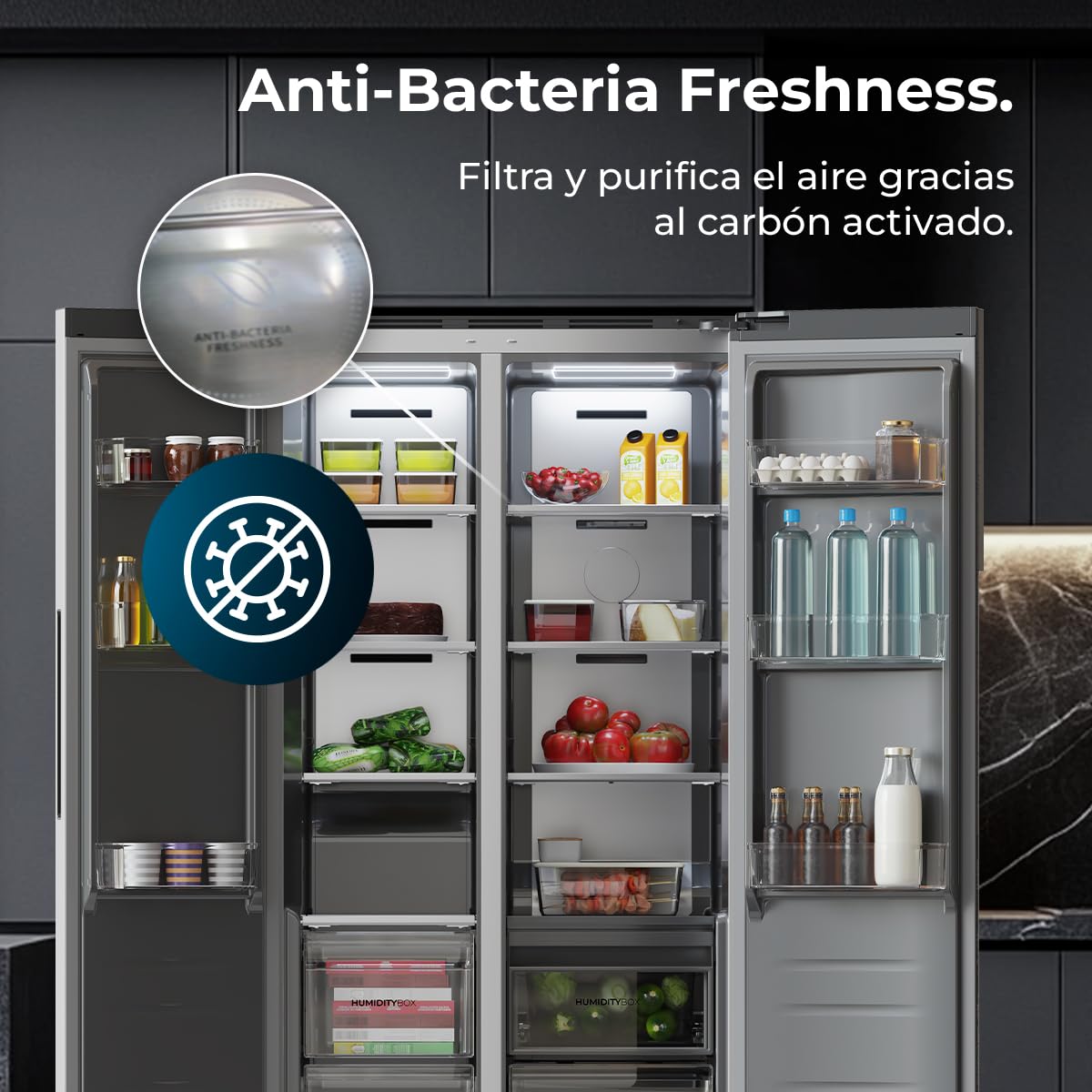 Cecotec Frigorífico Americano Semi Integrable de 436L Total No Frost Bolero CoolMarket SBS 436 SBI Inox E. Compresor Inverter Bajo Consumo, 184,8 x 84,4 m, Interior Premium Gris, Cajón Convertible