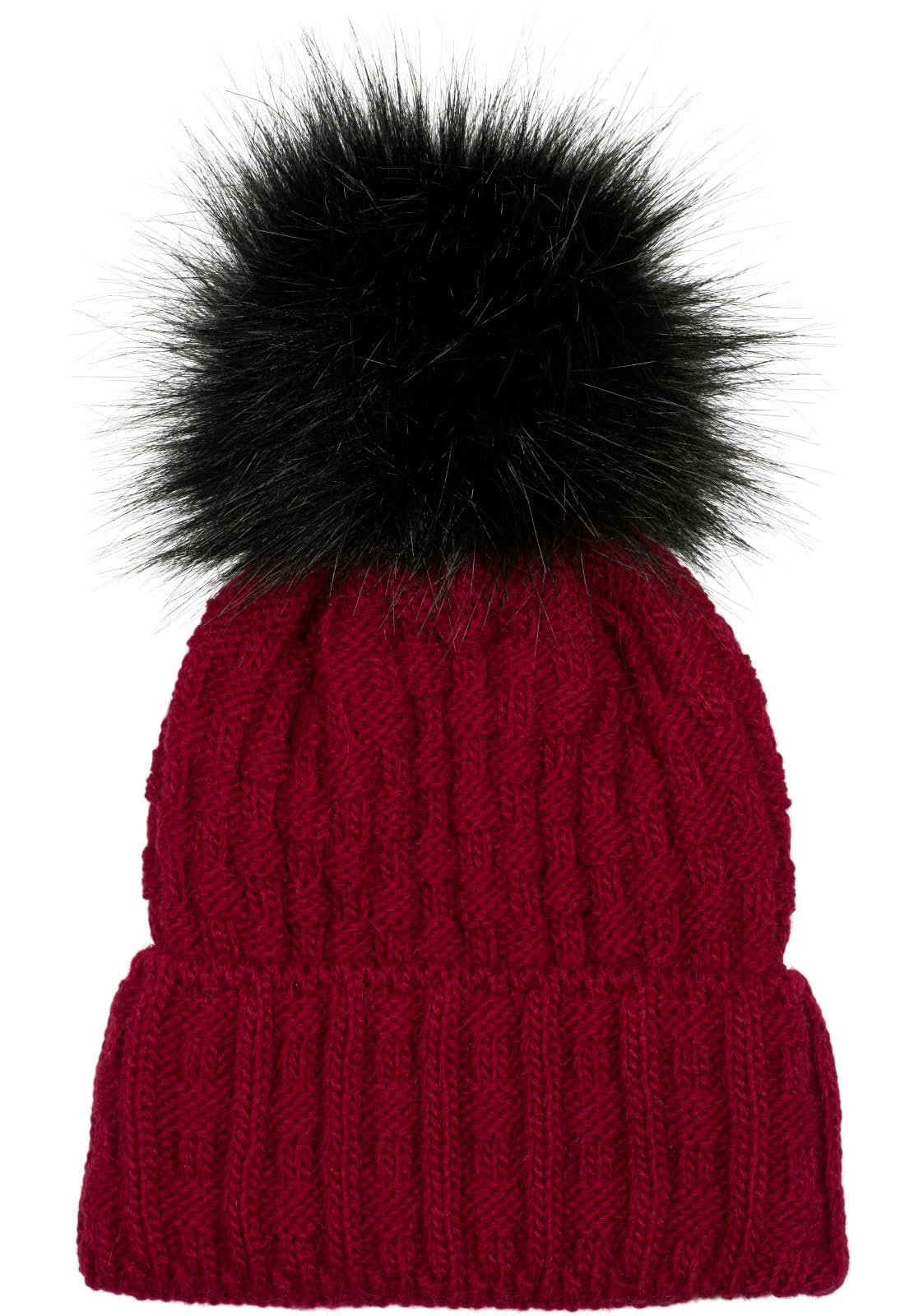 Stylebreaker Women's Claret-Red Unisex Knit Pompom Hat With Woven Pattern And Thermo Fleece Lining, Winter Fur Bobble Hat, Fake Fur, Made In Poland 04024171, Colour: